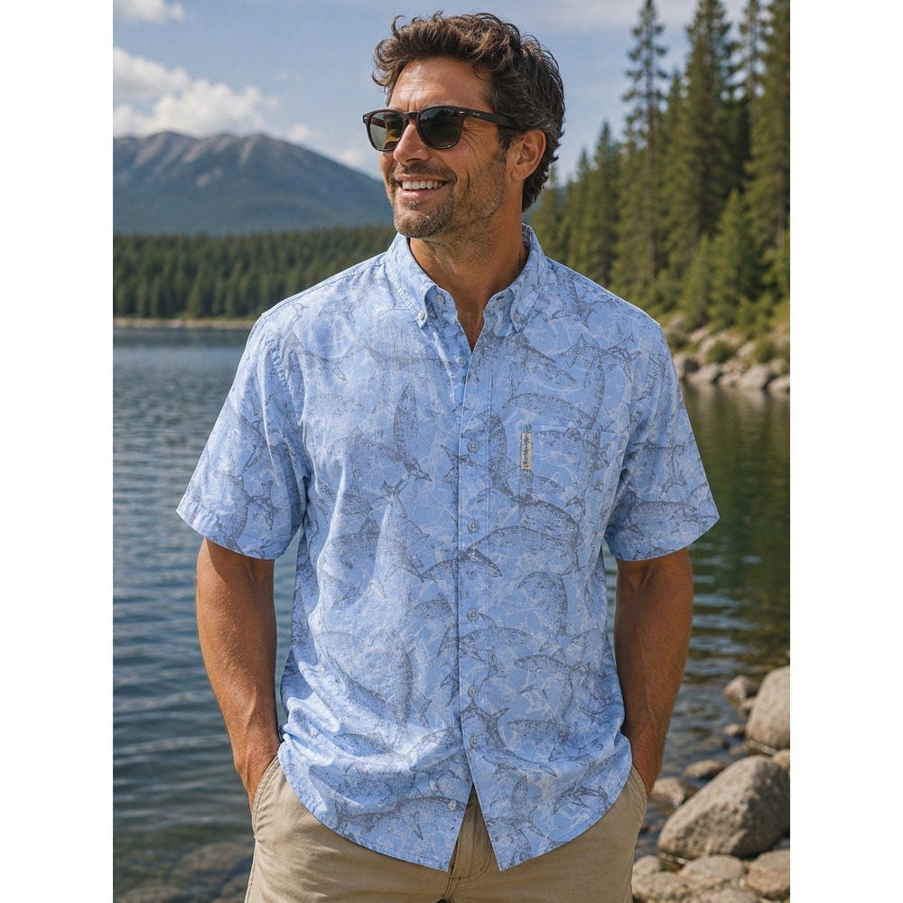 COLUMBIA PFG Men's Fishing Large Fish Pattern Blue Gray‎ -1066